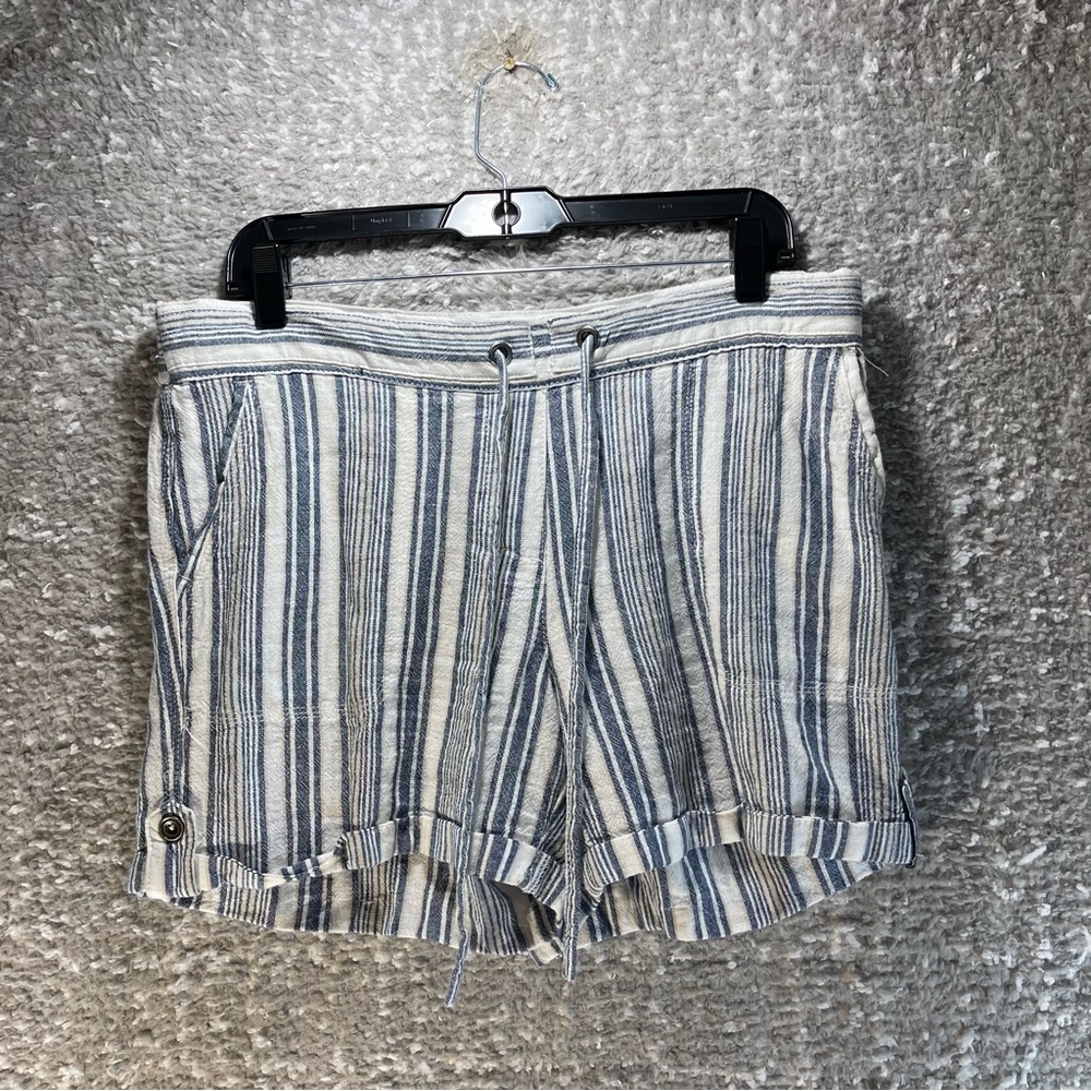 Per Se Linen Viscose Blend Blue Striped Shorts Size L Stretch Pull On Drawstring